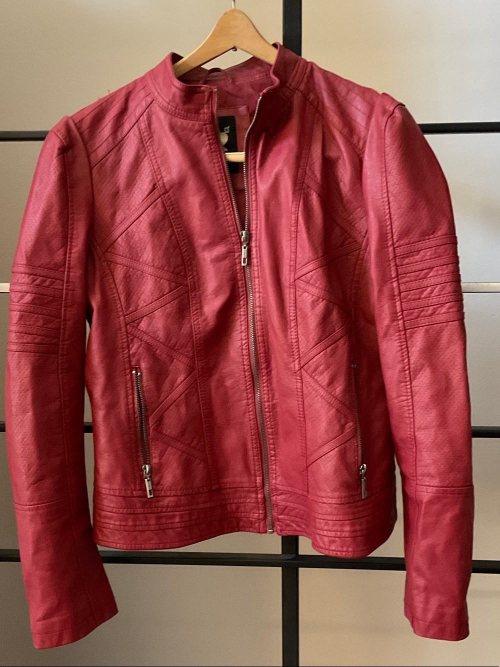 Women's Red Faux Leather Zip Jacket with Quilted Stitch Detailing